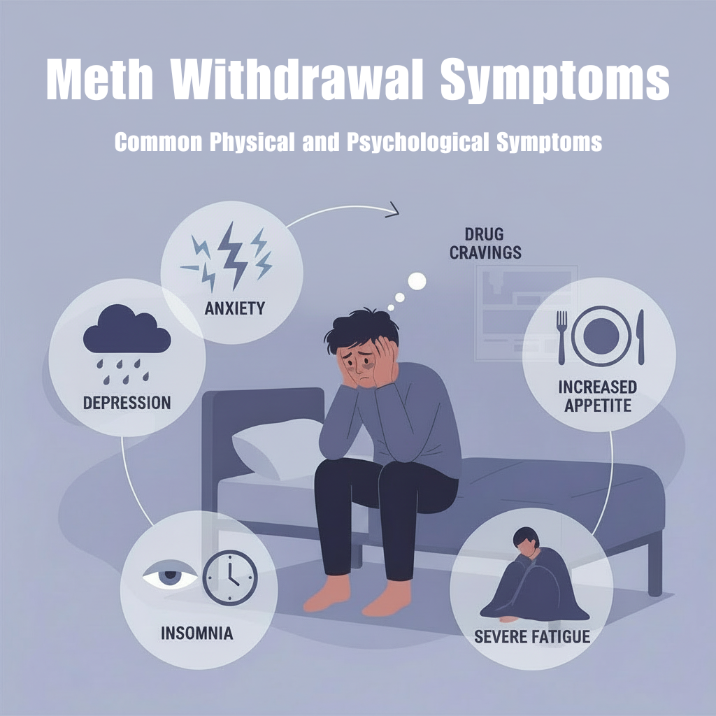A man who's struggling with the common symptoms of crystal methamphetamine use, including physical and psychological symptoms like sleeplessness, poor apetite, and lack of energy or ability to feel pleasure